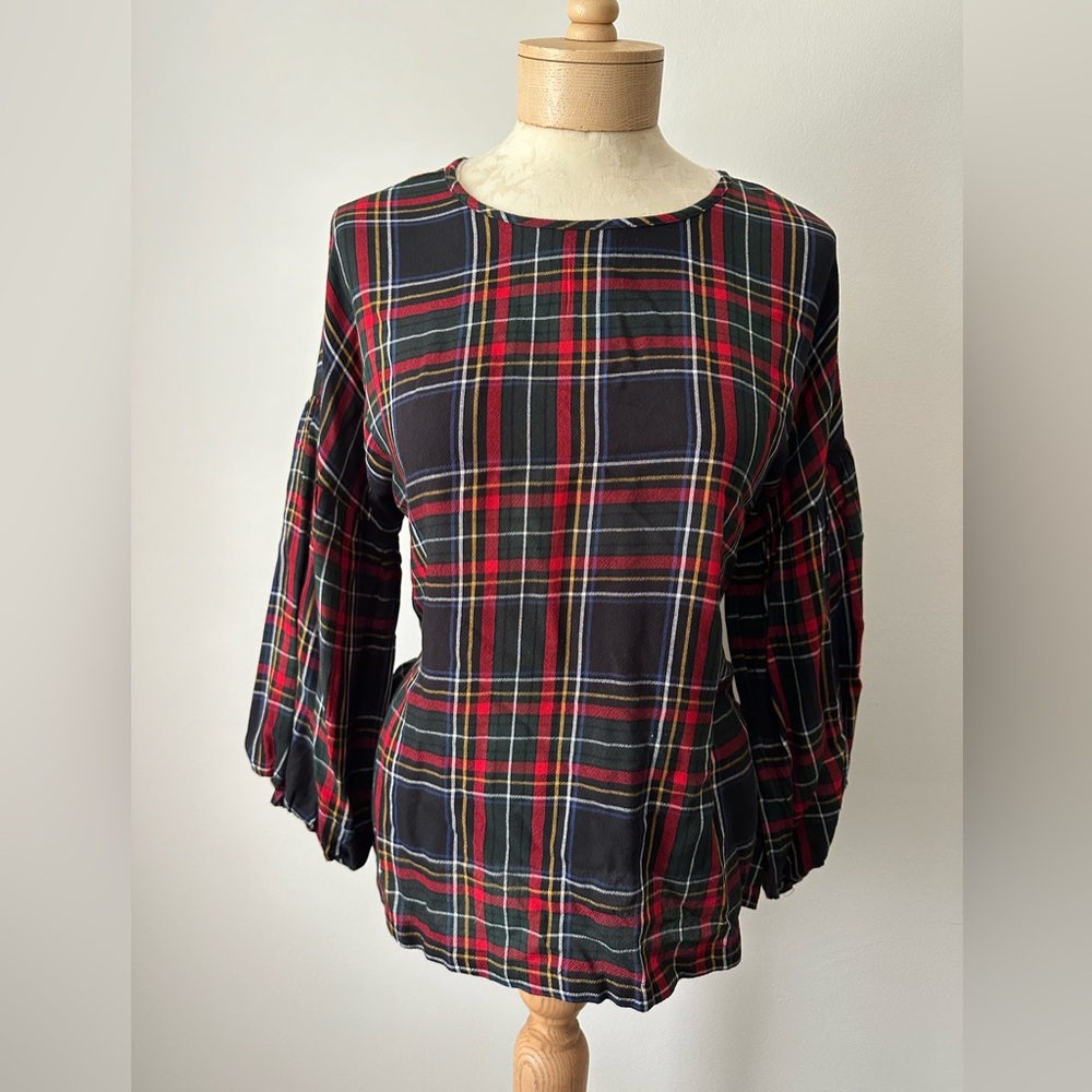 Loft Plaid Button Back Balloon Long Sleeve Blouse XS